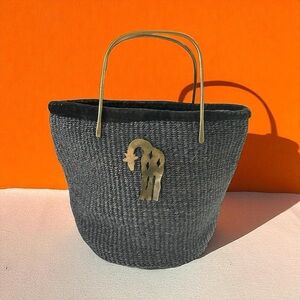 Handmade Black Woven Tote with Brass Giraffe Accent & Double Handles